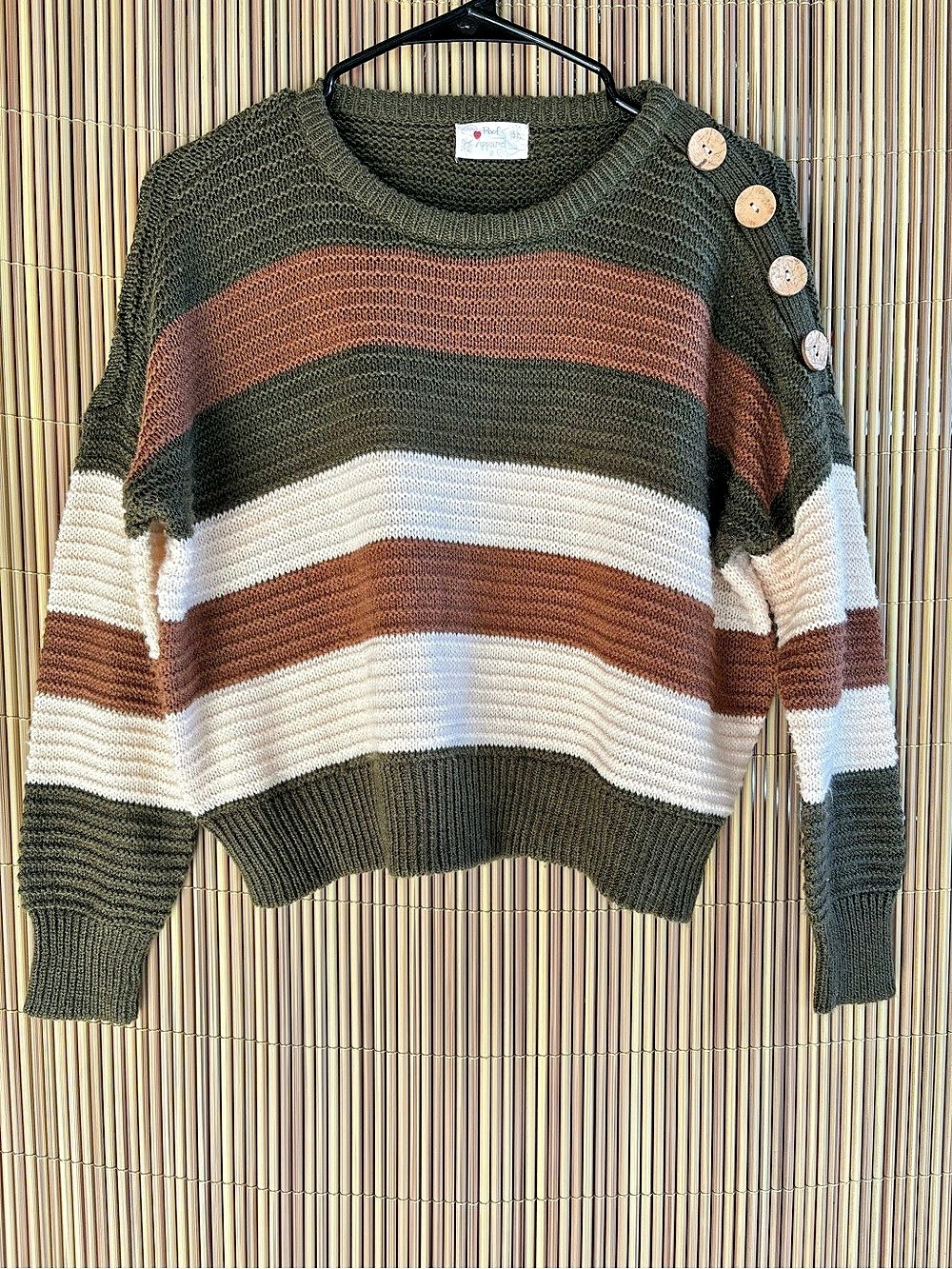 Poof Apparel Striped Cotton Blend Sweater in Green & Brown Like New Size S